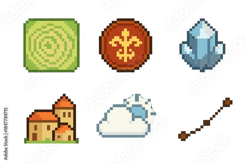 World Building Icons. World Building Elements set of icons in flat pixel vector style: terrain map, culture emblem, resource node, settlement icon, climate symbol, trade route line