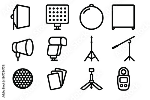 Professional Lighting Tools Icons. Professional Lighting Tools linear set: rectangle softbox, high-CRI LED tile, foldable reflector board, diffusion panel sheet, spill-kill