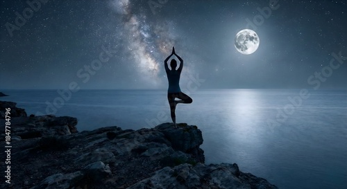 A serene, moonlit shot of a person practicing yoga on a rocky cliff edge, silhouetted against a starry night sky, capturing peace and spiritual connection.