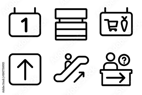 Store Direction Icons. Store Direction Set linear set: aisle number plate, shelf locator, cashier sign, department label, lift arrow, escalator marker, help desk icon, path arrow.
