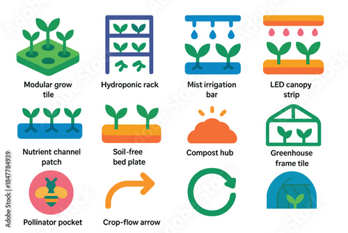 Urban Farming Icons. Urban Production Ecosystems flat set: modular grow tile, hydroponic rack node, mist irrigation bar, LED canopy strip, nutrient channel patch, soil-free bed