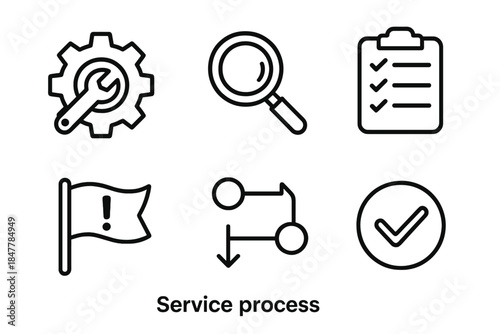 Service Process Icons. Service process set linear set: repair gear, inspection lens, checklist form, issue flag, solution path, confirmation mark.