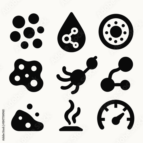 Contaminant Icon Set. Contaminant Microcosm Analysis silhouette set: micro-pollutant cluster, trace chemical droplet, particulate hotspot ring, microbial–contaminant node,