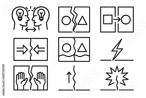 Creative Tension Icons. Creative Tension linear set: conflicting ideas, split frame, contrast shapes, push–pull arrows, dynamic line, breakthrough crack.