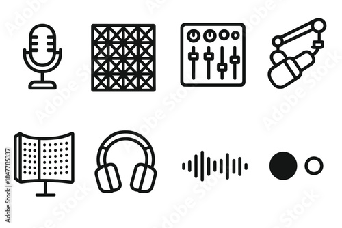 Podcast Essentials Icons. Professional podcast spaces linear set: desk mic, acoustic grid tile, mixer console, mic boom, noise shield, monitor headset, timeline bar, record