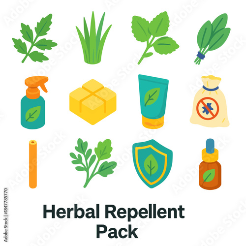Herbal Repellent Icons. Herbal Repellent Pack isometric flat set: neem leaf, citronella grass, lemon balm sprig, sage bundle, homemade spray bottle, natural wax melt, plant-based
