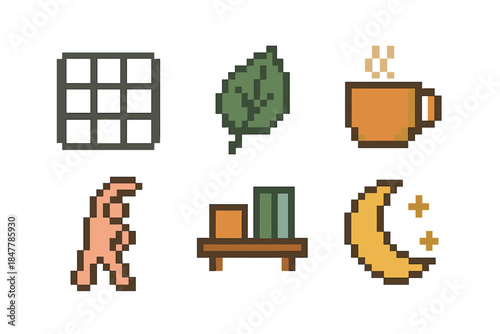 Pixel Art Balance Icons. Everyday balance themes pixel style set: routine grid, mindful leaf, warm drink, stretch icon, organized shelf, evening moon.