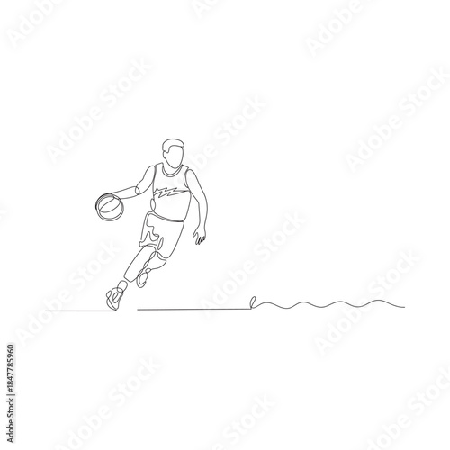 Line drawing of a basketball player dribbling the ball during a game
