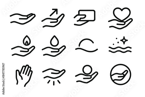 Supportive Icon Montage. Supportive Giving linear set: nurturing hand, guided arrow, helpful card, comfort symbol, steady flame, clarity droplet, soft curve, reassurance spark,