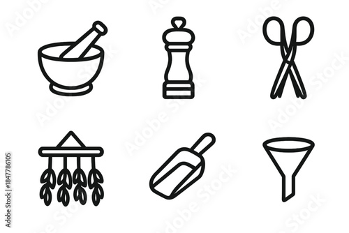 Herb and Spice Tools. Herb and Spice Tools linear set: mortar and pestle, spice grinder, herb scissors, drying rack, small scoop, spice funnel.