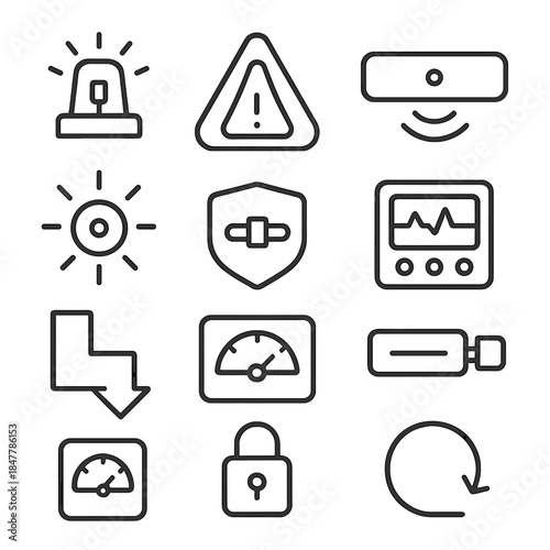 Control System Icons. Protective Control Frameworks linear set: emergency tile, light alert node, sensor bar, safety interlock ring, alarm cue dot, override patch, monitoring panel