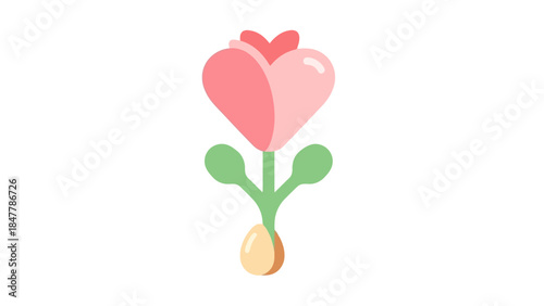 Minimalistic Illustration of a Heart-Shaped Pink Flower with Green Stem and Leaves
