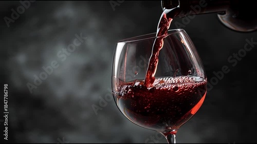Pouring Red Wine into a Glass with Dark Background.