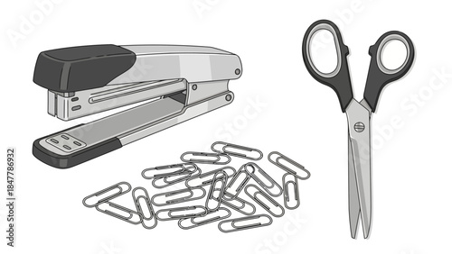 A stapler a pile of paperclips and scissors on a white background