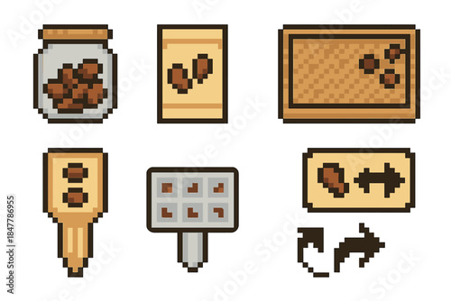 Seed Trading Icons. Seed trading elements set of icons in flat pixel vector style: seed jar, packet label, mix bowl, sorting mat, exchange card, garden tag, seed sampler, share