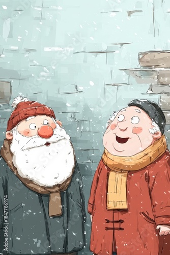 Two cheerful men in winter clothes during a snowfall