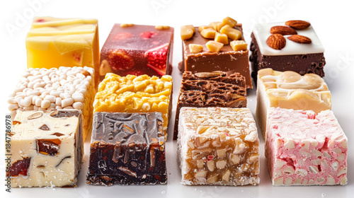Set of Nougat, chewy hard sweet confection paste candy, nuts fruit flavour. Collection of various nougat cubes on light background. Many different flavor. Close-up