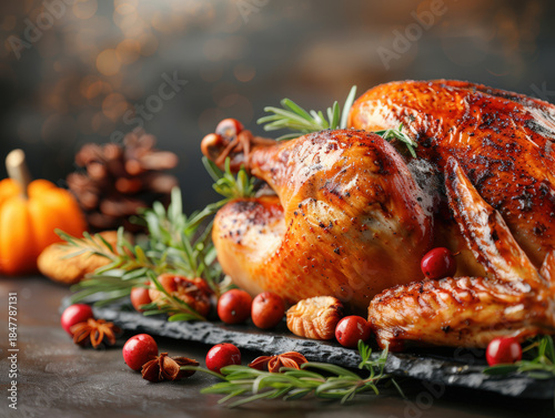 Roasted turkey on festive table on light blurred home background. National Roasting Month. Thanksgiving Festive celebration. Christmas dinner. Close-up.