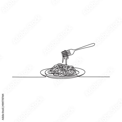 A simple line drawing depicts a plate of spaghetti and a fork lifting some