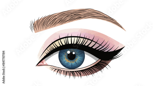 A stylized illustration of a blue eye with pink eyeshadow and brown eyebrows