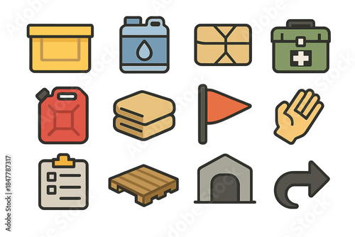Crisis Supply Icons. Crisis Resource Flow set of icons in flat pixel vector style: supply bin, water reserve pack, ration bundle, med-supply case, portable fuel can, blanket set,