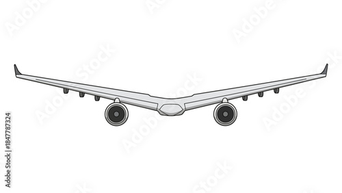 A stylized white airplane with two engines and swept wings