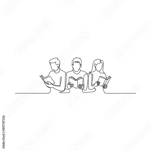 Continuous line drawing of four people engrossed in reading books together