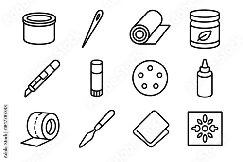 Craft Tools Icons. Creative Refurbishing Set linear set: polish tin, repair needle, fabric roll, wood stain jar, precision knife, glue stick, sanding disc, refill bottle, stitch