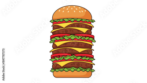 A tall hamburger with multiple layers of patties cheese lettuce and tomato