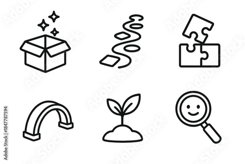 Restorative Play Icons. Restorative Play Practices linear set: discovery box, sensory path, soothing puzzle, gentle motion arc, resilience bud, play-based insight lens.