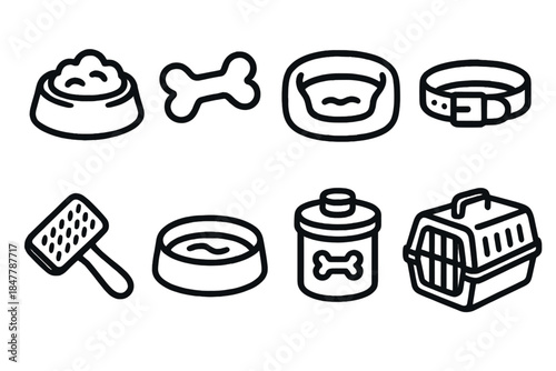 Pet Essentials Icons. Basic Pet Set linear set: feeding dish, squeaky toy, cozy bed, adjustable collar, nail brush, water bowl, snack container, travel crate.