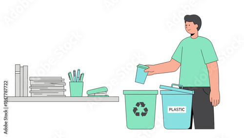 Man recycling plastic waste in office environment with recycling bins