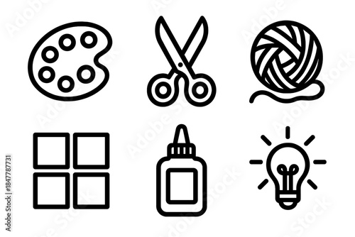 Creative Craft Icons. Artistic Home Crafts linear set: paint palette, craft scissors, yarn ball, mosaic tile, glue bottle, creative spark.