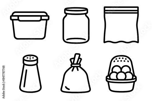 Food Storage Icons. Food Storage Accessories linear set: airtight container, glass jar, freezer bag, spice shaker, clip seal, produce saver.