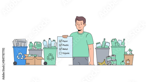 Man promoting recycling with labeled bins for paper, plastic, metal, and organic waste