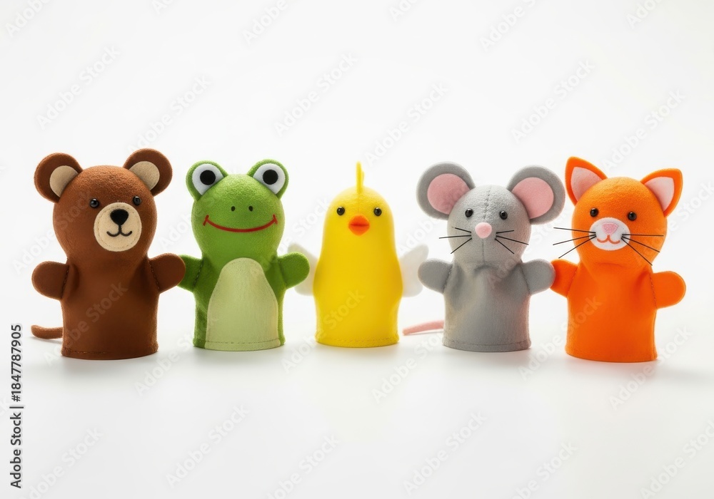 Naklejka premium Row of five colorful, soft finger puppets featuring different animals displayed against a bright white background