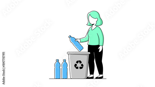 Woman recycling plastic bottles in recycling bin with eco friendly attitude