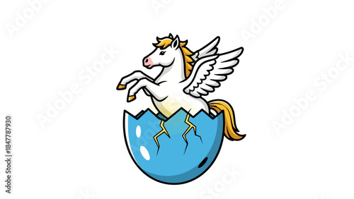 A winged horse hatching from a cracked blue egg