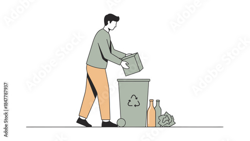 Man recycling cardboard into a recycling bin with bottles nearby