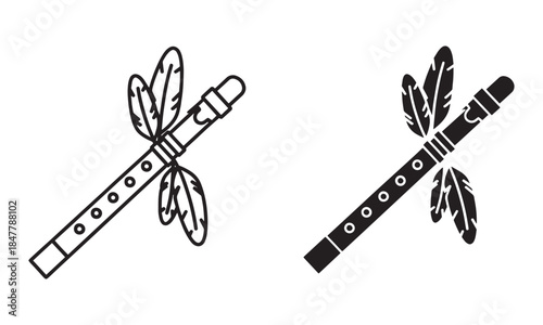 Ceremonial Flute Icon with feather in outline and filled Vector