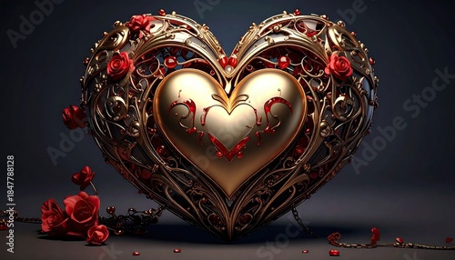 Exquisite Golden Heart Sculpture Adorned with Red Roses and Intricate Details.