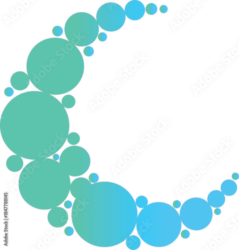 Modern abstract graphic illustration depicting a graceful crescent moon silhouette artfully crafted from an arrangement of vibrant blue and green gradient circles