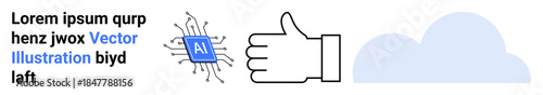 Artificial intelligence, cloud computing, technology approval, digital integration, software systems, future innovation. AI microchip, thumbs-up gesture cloud graphic. AI and cloud computing