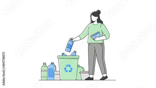Woman recycling plastic bottles in green recycling bin with recycling symbol
