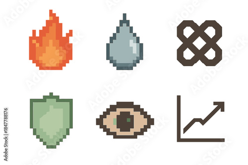 Emotional Icons Set. Emotional Confidence pixel style set: courage flame, reflective droplet, resilience knot, gentle shield, mindful gaze, rising curve.