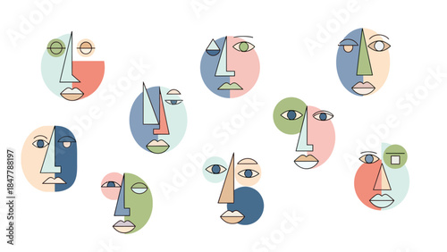 Abstract faces with geometric shapes and pastel colors