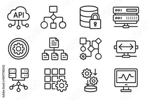 Enterprise Tech Icons. Enterprise Tech Integration linear set: API connector, workflow engine, secured data pipe, middleware server, integration token, schema mapper, process