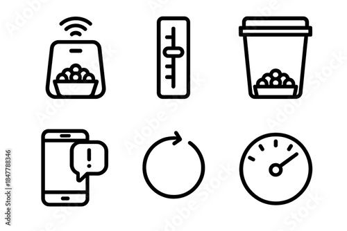 Smart Feeder Icons. IoT Feeding Tools linear set: remote-controlled feeder, portion slider, food storage unit, alert notification icon, feeding cycle ring, performance dial.
