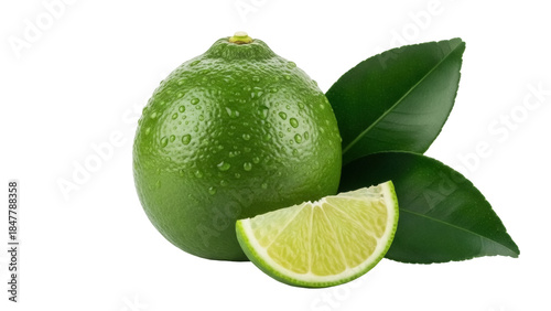 Canvas-taulu Fresh green lime with leaves and slice isolated PNG, juicy citrus fruit for heal