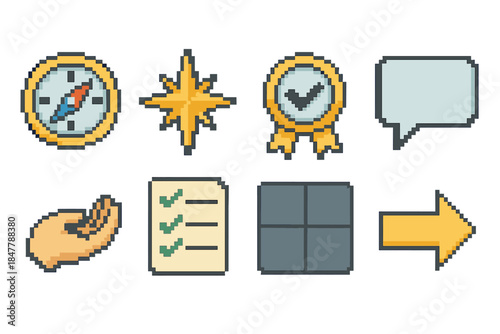 Leadership Icon Set. Leadership & Trust Set pixel style set: compass icon, guiding star, trust badge, clear speech bubble, support hand, accountability checklist, role clarity grid